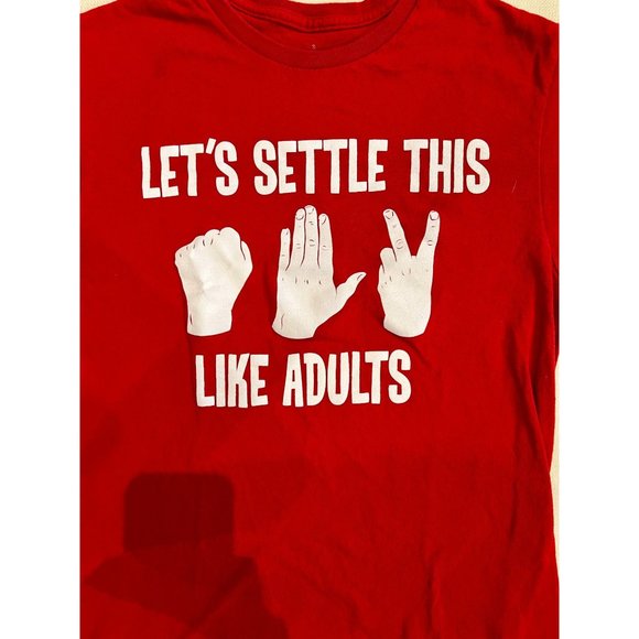Let's Settle This Like Adults Rock Paper Scissors Graphic Red T-Shirt Crew Neck - Picture 2 of 10